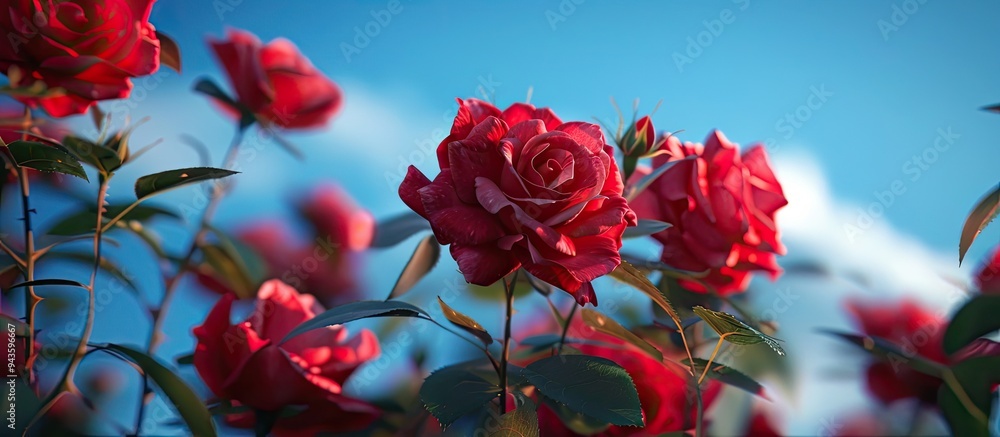 Aufkleber Close up view of roses against a blue sky background with ample copy space image