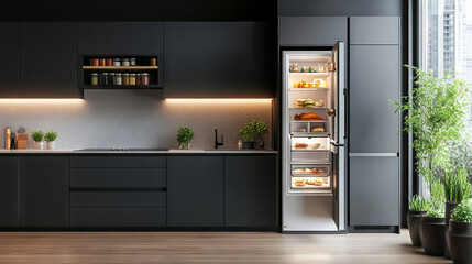 A modern, trendy kitchen in dark gray and white, with the fridge open. --ar 16:9 --v 6.1 Job ID: 264e79f3-e29a-4e19-9439-e493b60abe20