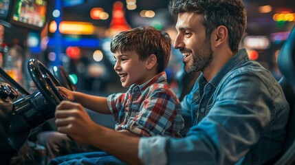 Obraz premium Father and son bonding over car racing game at entertainment zone a joyful family moment