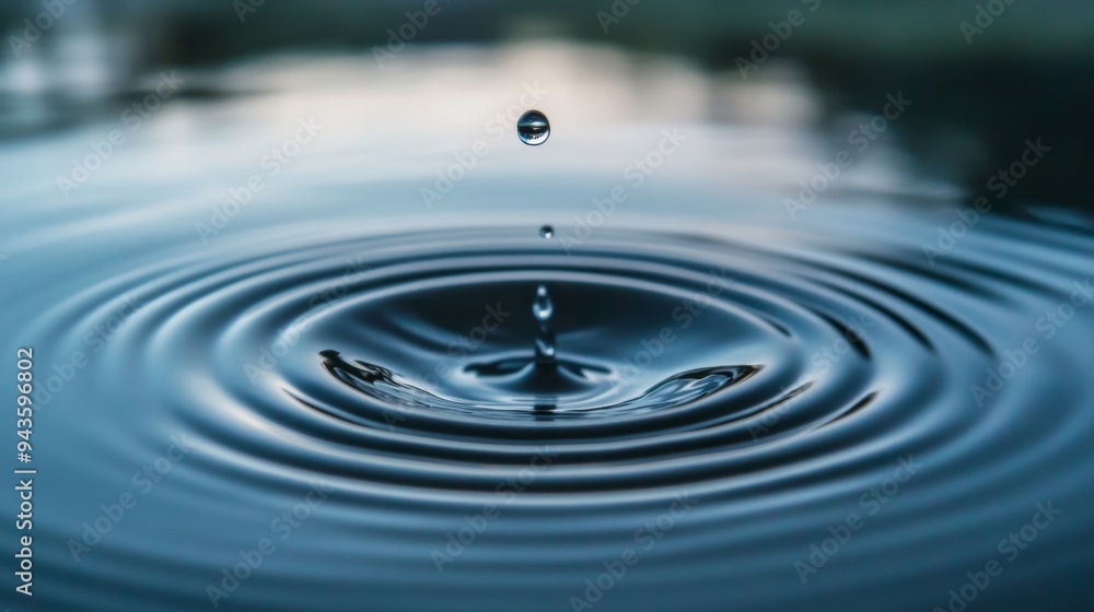 Poster a water droplet falling into a calm pool, creating ripples that expand outward, symbolizing tranquil