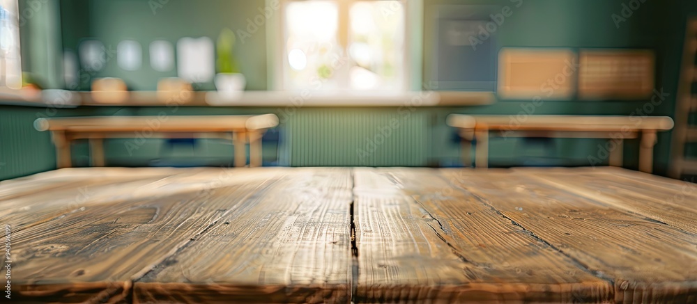 Poster wooden table with a blurred school classroom background creates copy space for product placement ami