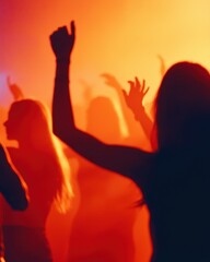 A lively scene of a dance floor ignited by the glow of colorful disco lights. Vibrant energy and dynamic movement of club-goers as they celebrate the night in a pulsating nightclub atmosphere.