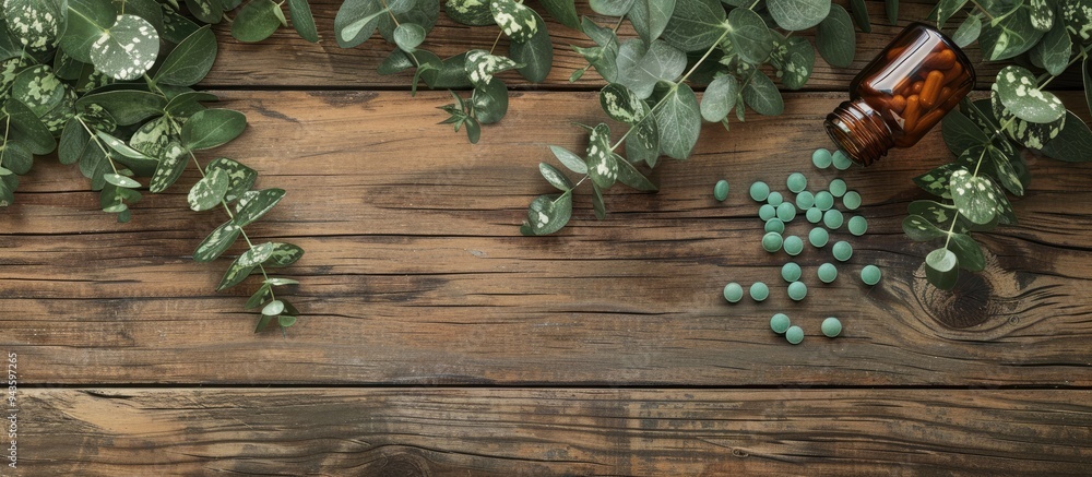 Poster Top view of a bottle with pills and green leaves on a wooden background creating a visually pleasing copy space image