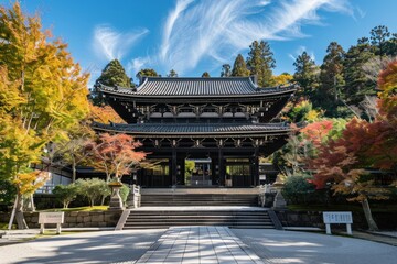 Fototapeta premium Ancient Japanese Temple Gate Surrounded by Autumn Foliage
