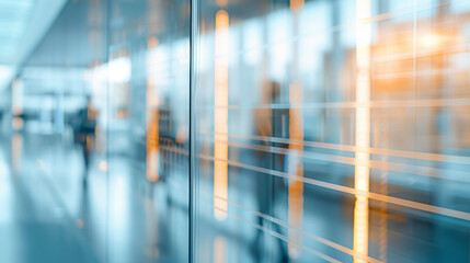 A blurred glass wall of a modern business office building, set in a business center, with abstract reflections creating a contemporary backdrop, emphasizing the sleek design and corporate environment