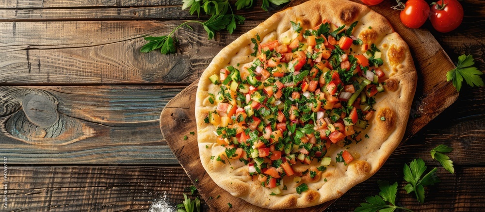 Poster Top view of a Gozleme flatbread with a vegetable salad garnish on a wooden background with copy space for image integration