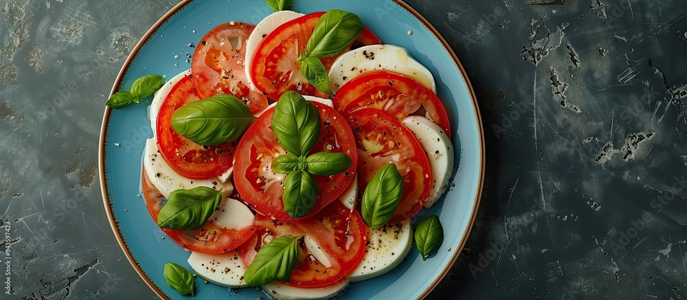 Poster caprese salad creatively arranged to resemble the italian flag on a blue plate with copy space image