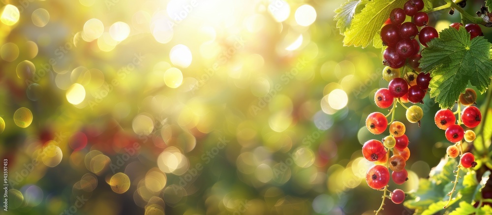 Poster Summer garden with currants on blurred background creating copy space image