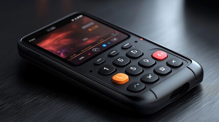 Modern pos terminal lying on table is glowing in the dark