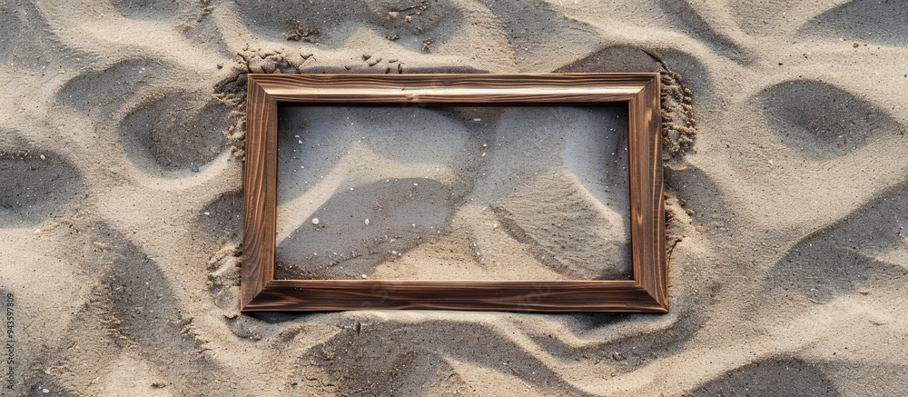 Leinwandbilder rectangular wooden frame displayed on soft sand with copy space image