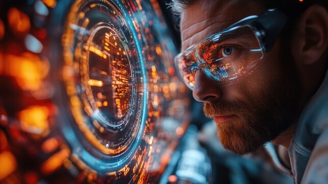 Futuristic digital hologram and person in focus