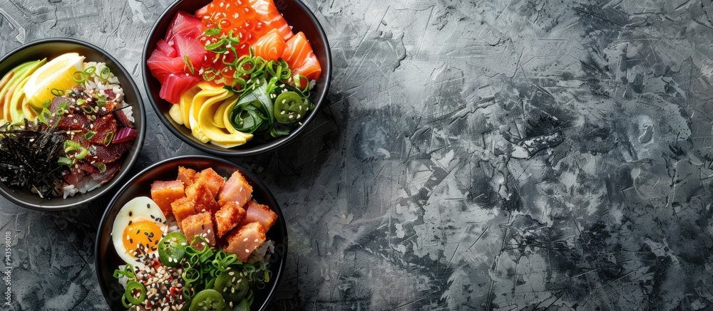 Poster Delicious poke bowls displayed on a textured gray background with copy space image