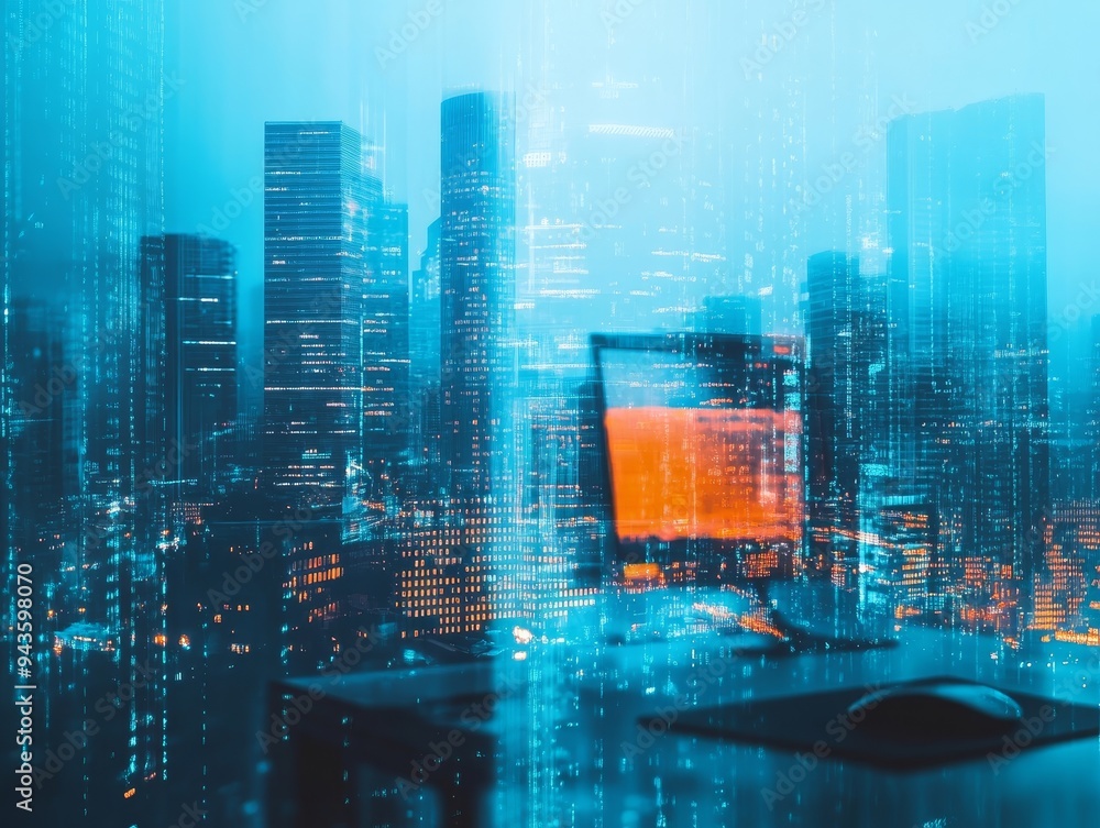 Poster double exposure desktop background featuring holographic office and city building patterns