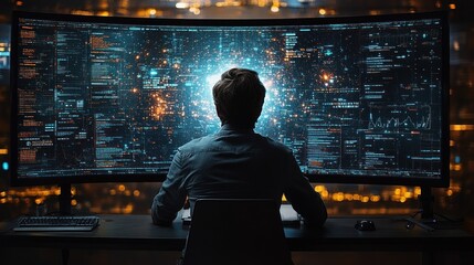 Individual immersed in data with high-tech display