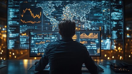 Man analyzing data on multiple screens in dark room.