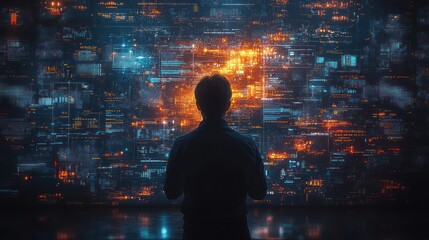 Person observing vibrant data visualization screens.