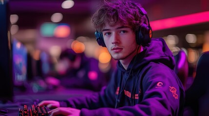Young man concentrating on playing a video game in an internet cafe