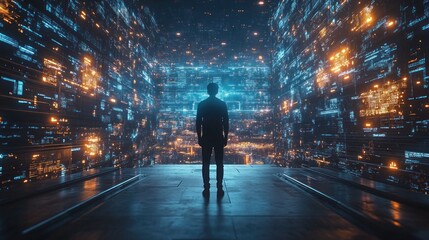 Person silhouetted in data corridor, digital realm theme