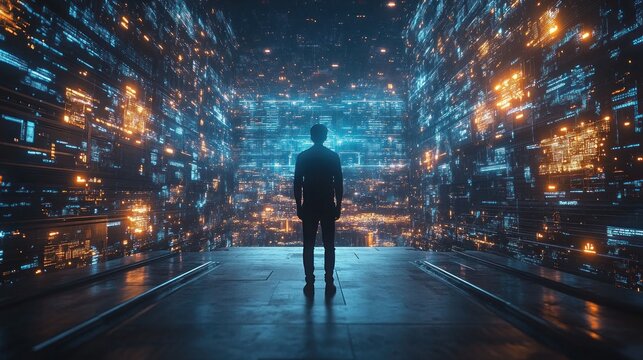 Person silhouetted in data corridor, digital realm theme