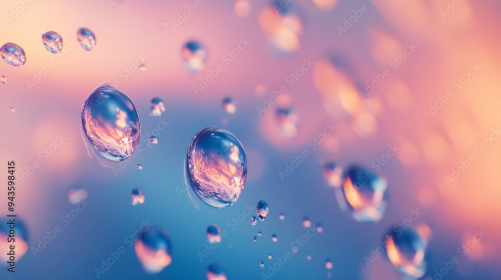 Aufkleber water droplets on a smooth glass surface, with soft light refracting through them, creating a minima