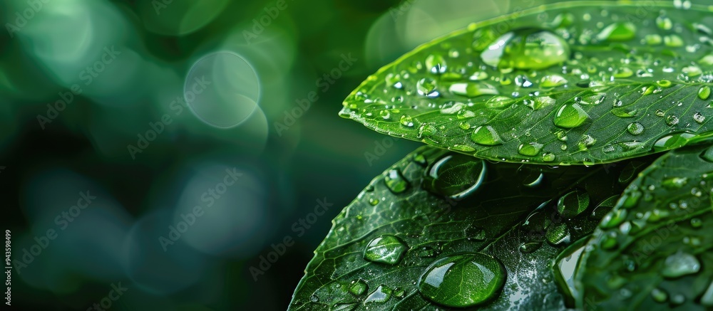 Fototapete A stunning macro image capturing water droplets on a leaf post rainfall with extra space for text or other elements. Creative banner. Copyspace image