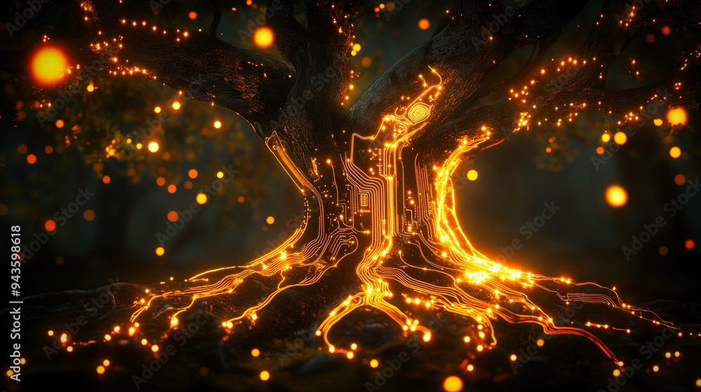 Poster a stylized glowing tree with intricate electronic circuit patterns