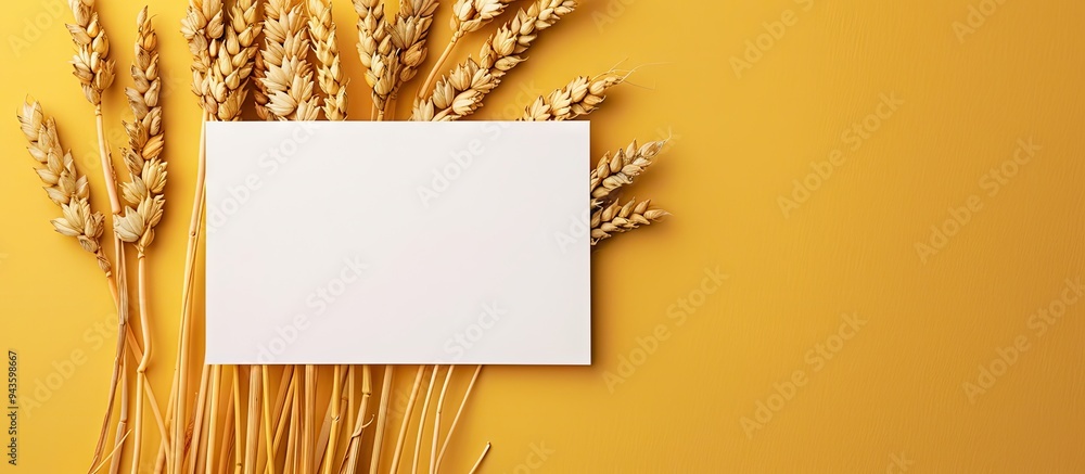 Poster A decorative golden backdrop adorned with a group of wheat stalks and a blank white mockup Embracing agricultural themes in a minimalist presentation perfect for adding text. Creative banner