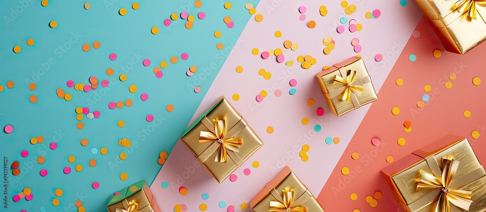 Poster top view of golden gift boxes and confetti on a colorful background with space for adding images. cr