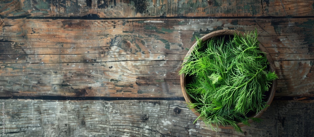 Poster top view of a bowl with freshly cut dill on a wooden table with room for text in the image. creative