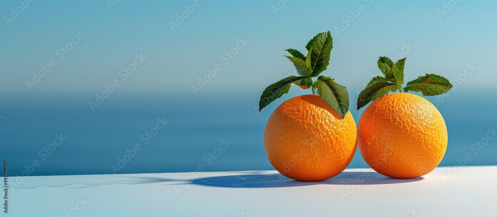 Poster A white table displays two oranges garnished with mint leaves against a seascape backdrop providing ample copy space for food drinks and products in the image