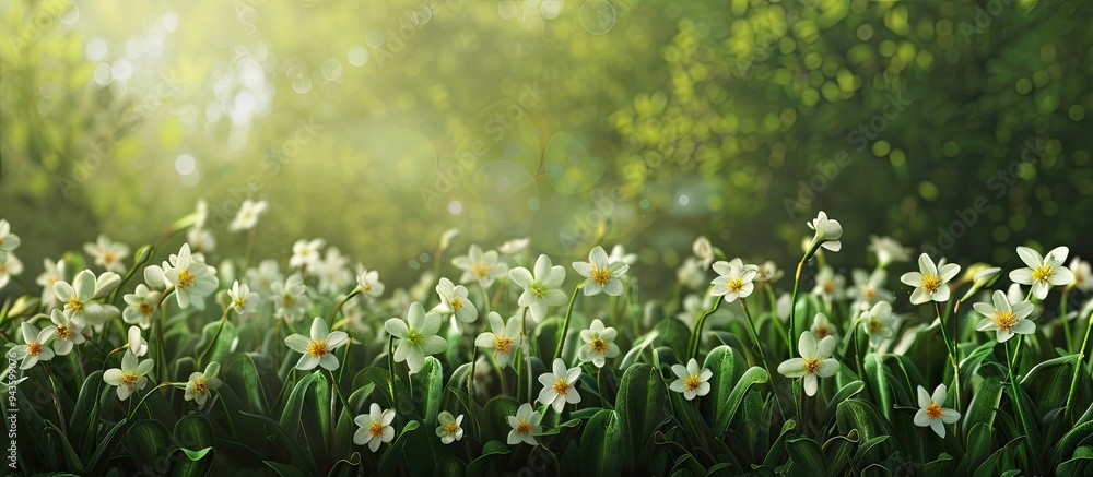 Poster spring has arrived with the first flowers blossoming beautifully against a lush green background in 