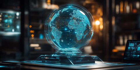 A holographic globe rotates displaying live search queries, representing global information access in real time