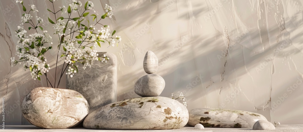 Poster Create an alluring podium backdrop using textured natural stones perfect for showcasing products like medicine perfumery jewelry and cosmetics in a copy space image