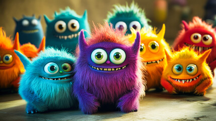 Fototapeta premium Cute little colorful fluffy monsters