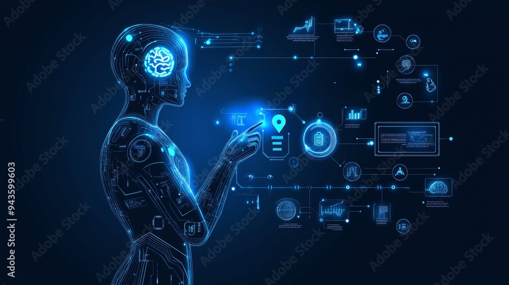 Poster a futuristic silhouette of a humanoid figure interacts with digital icons and data elements against 