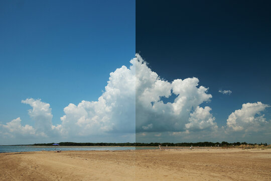 differenza tra immagine polarizzata e non. ampia vista panoramica che mostra lo stesso ambiente naturale di mare, di giorno, in estate, senza e con il filtro polarizzatore