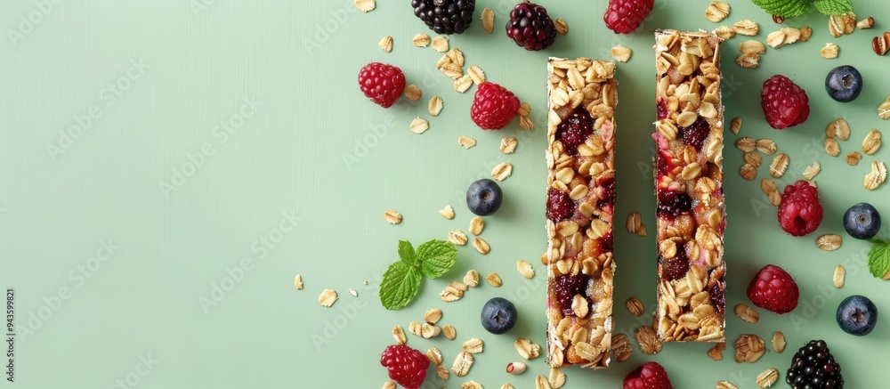 Poster top view of delectable homemade granola bars and fresh berries arranged on a pale green surface feat