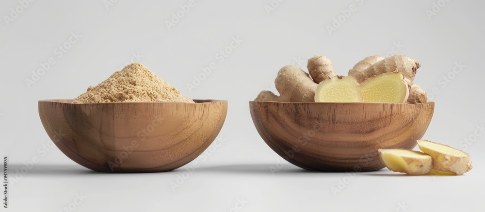 Leinwandbilder slices of ginger root and powdered ginger presented in a wooden bowl against a white backdrop with a