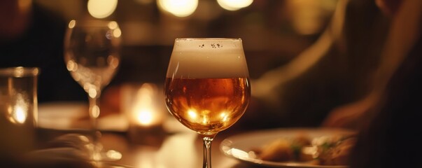 Trappist Belgian beer in a classic glass, emanating warmth and tradition with a cozy, inviting background setting in a European tavern environment
