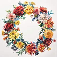 Obraz premium Vibrant floral wreath featuring assorted flowers in a circular arrangement, perfect for seasonal decoration or artistic displays.