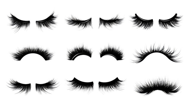 A collection of stylish false eyelashes showcasing various lengths and designs for beauty enthusiasts and makeup artists. Isolated on transparent background.