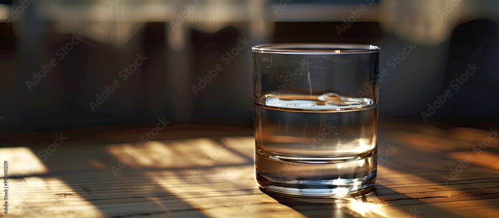 Poster close up shot of a glass of vodka on a wooden table with copy space image