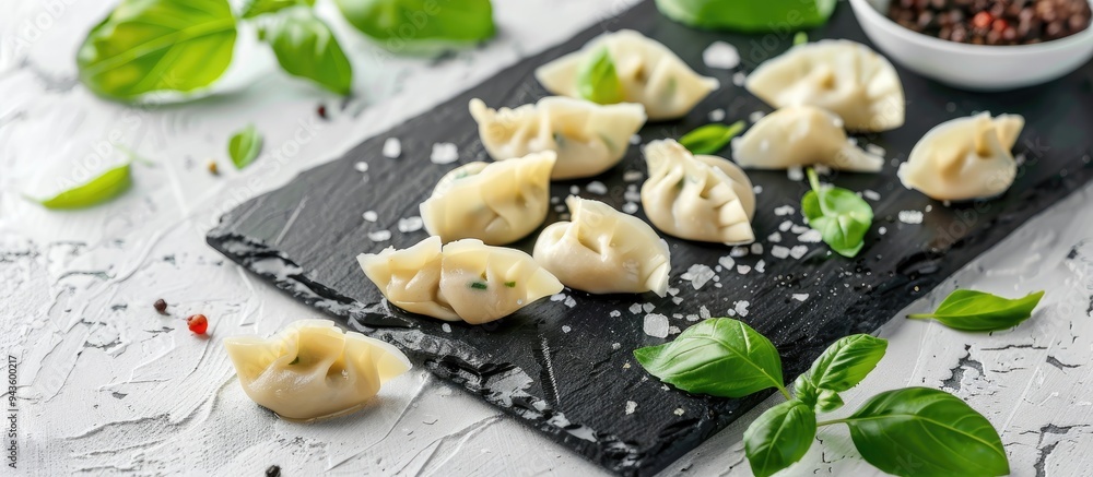 Leinwandbilder Blackboard with uncooked dumplings and basil on a white backdrop creating a visually appealing copy space image
