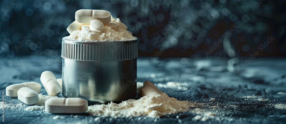 Poster bcaa amino acids supported by fitness supplements showcased on a dark background with a soft focus l