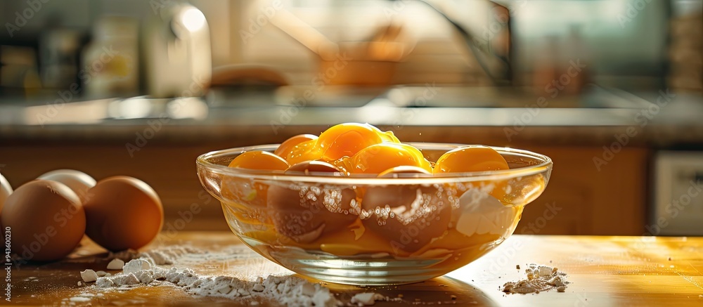 Aufkleber Preparing a cake with fresh egg yolks in a glass bowl on a kitchen table creating a nice scene for a copy space image