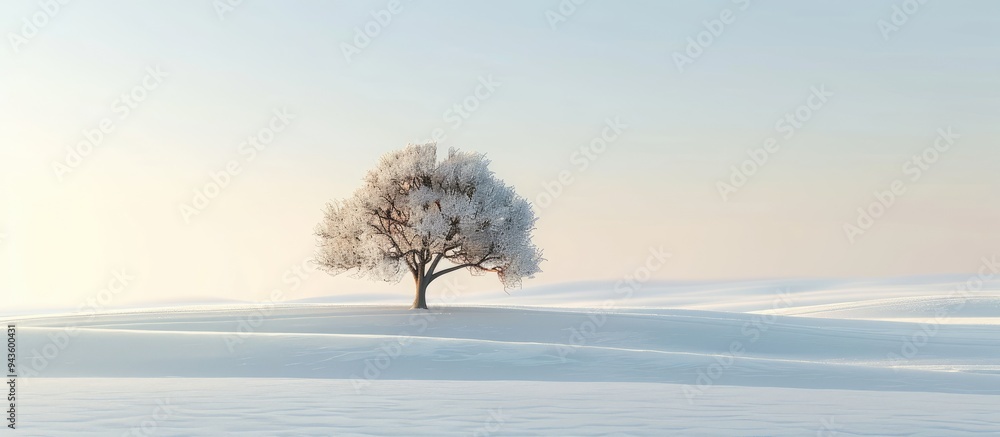 Fototapete Snow covered landscape with a lone lenga tree creating a serene scene with a vast empty horizon perfect for a copy space image