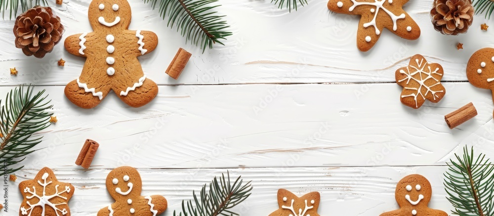 Leinwandbilder christmas gingerbread cookies frame with decorative elements on a white wooden backdrop provides a f