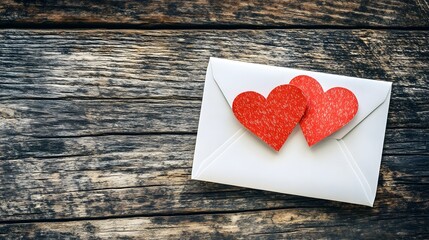  A white envelope with two red paper hearts on it lies against the background of gray wooden boards