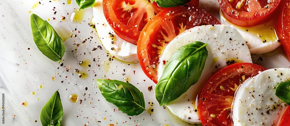 Poster italian caprese salad featuring sliced tomatoes mozzarella basil and olive oil with a blank space fo