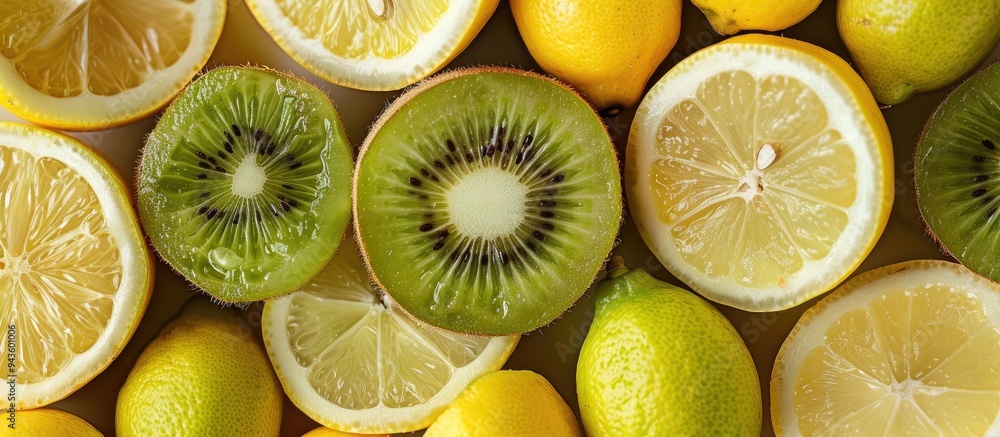 Aufkleber Kiwi and lime fruits creatively arranged with a lemon in a top down view illustrating a concept with ample copy space for text or design